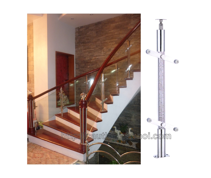 Cầu thang inox kính trụ tròn 