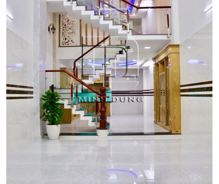 Cầu thang kính tay vịn gỗ MD0007