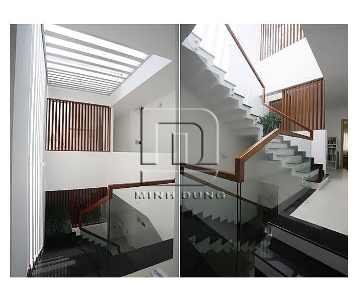 Cầu thang kính tay vịn gỗ MD0021
